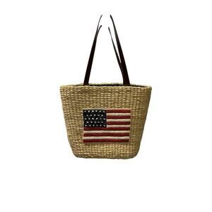 July 4th Straw Tote Bag Purse Woven American Patriotic Red Blue Flag Denim Liner